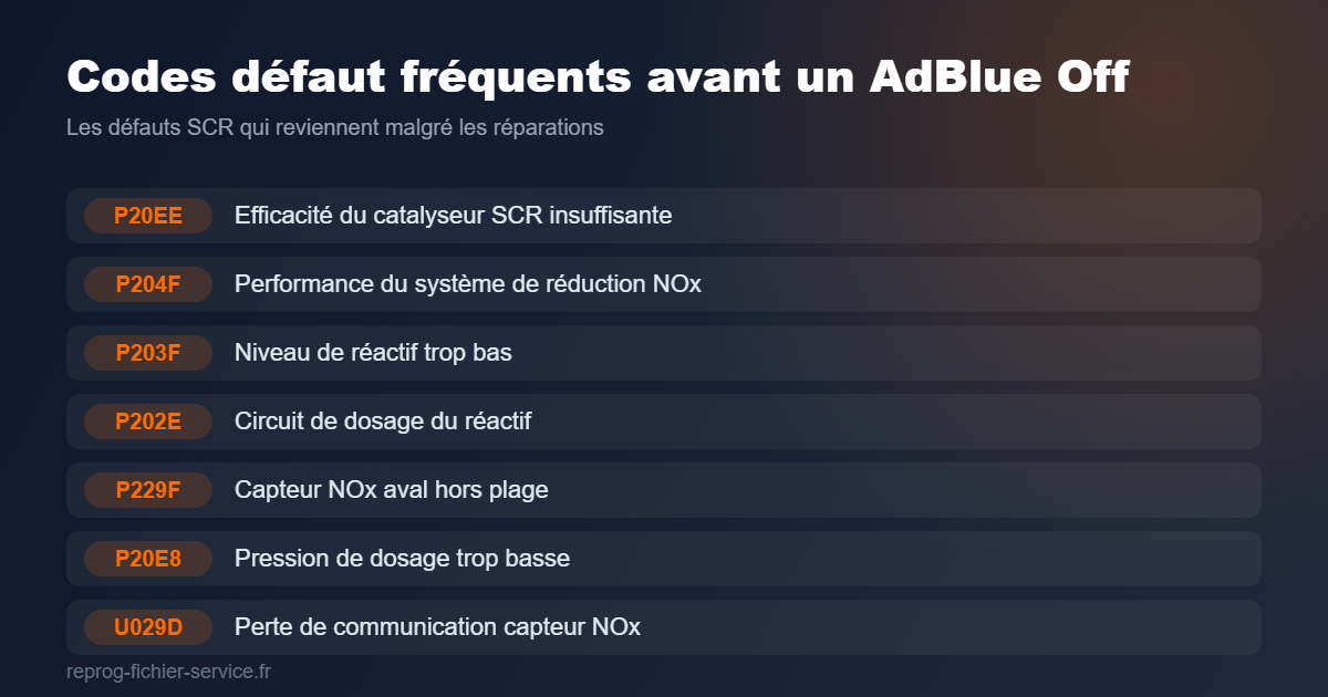 Codes défaut SCR les plus fréquents avant un AdBlue Off par fichier ECU