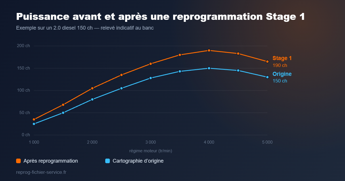 Courbe de puissance avant et après une reprogrammation moteur Stage 1