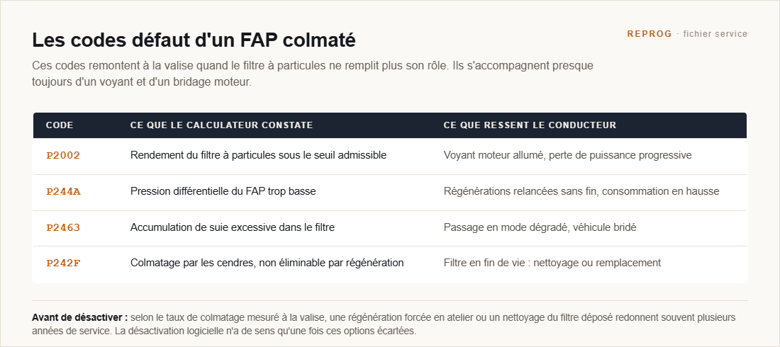 FAP Off : codes défaut P2002, P244A, P2463 et P242F d’un filtre colmaté