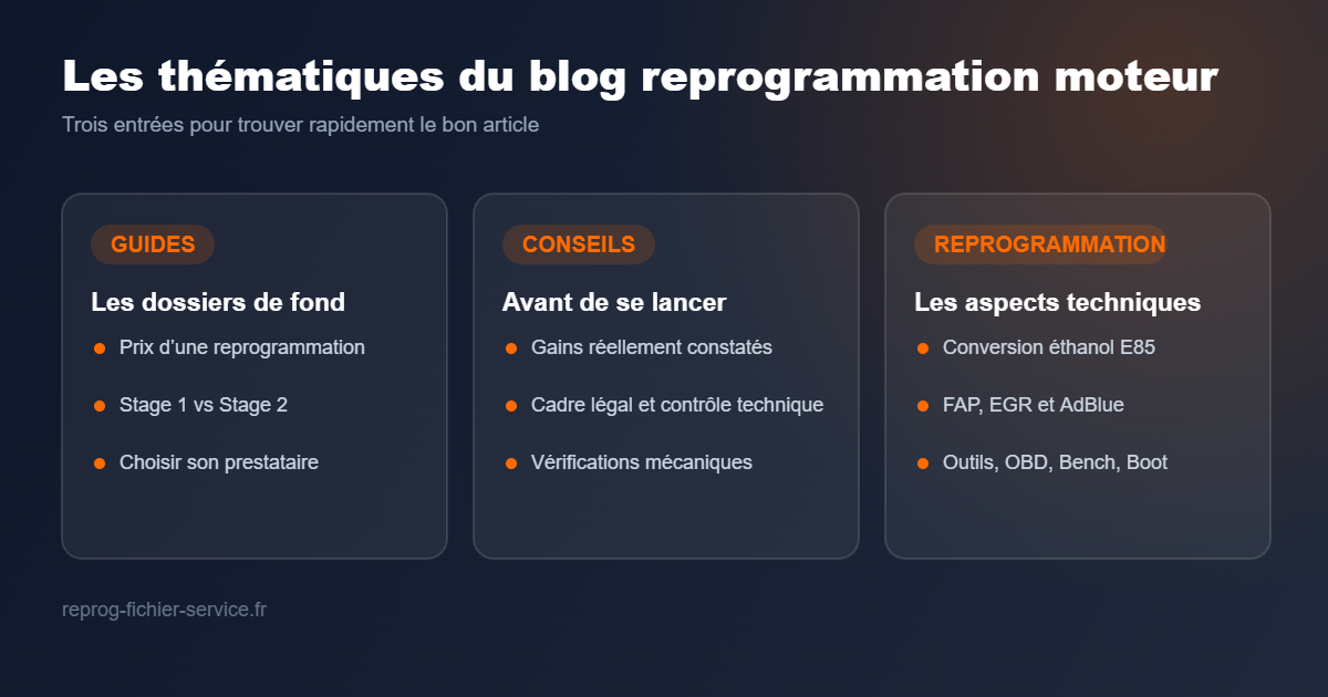 Les trois thématiques du blog reprogrammation moteur : guides, conseils et technique