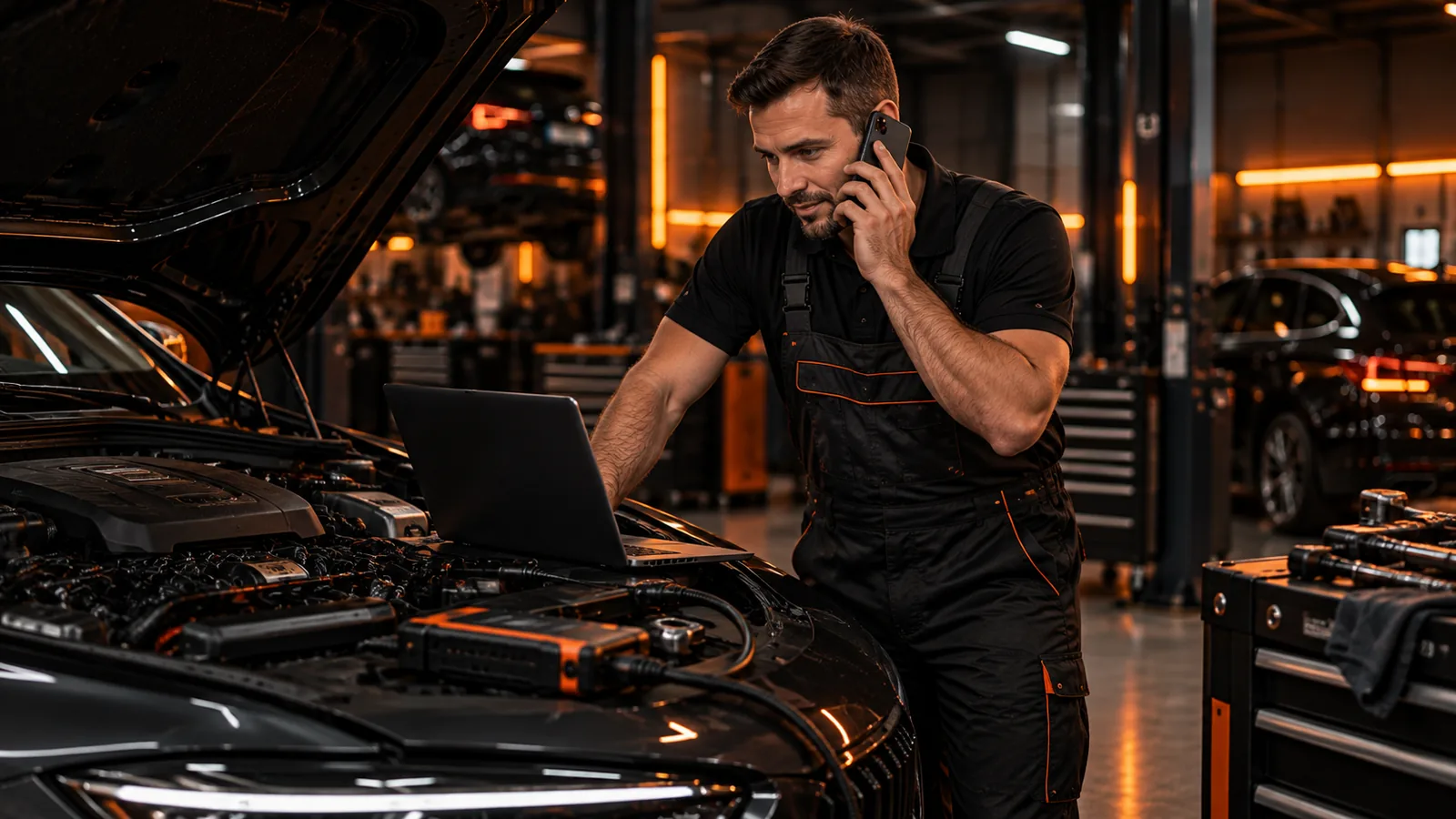 Mécanicien recevant une assistance téléphonique pendant une intervention de reprogrammation moteur dans son atelier