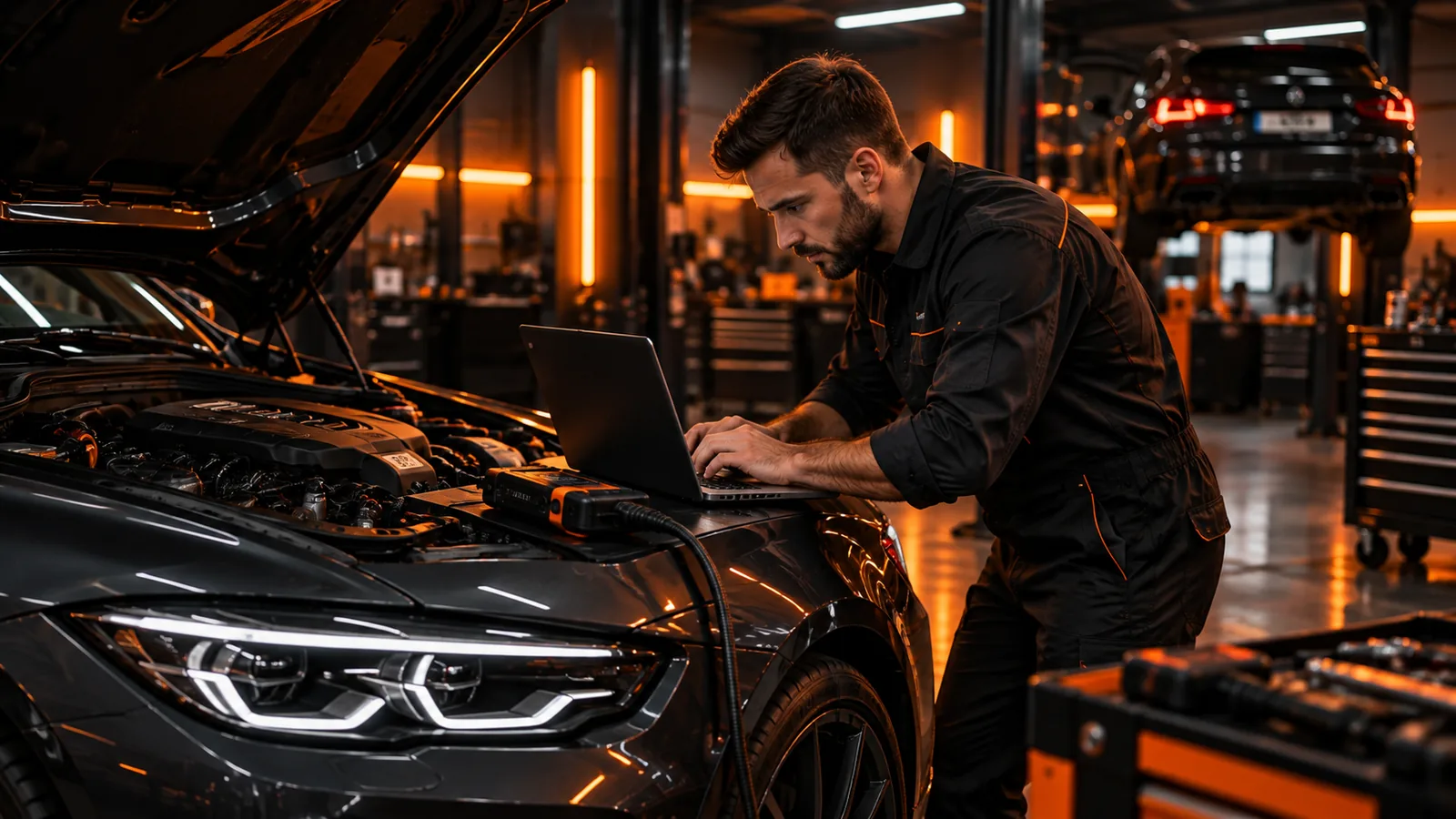 Formation reprogrammation moteur avec mécanicien utilisant un ordinateur et une interface de diagnostic dans un atelier automobile