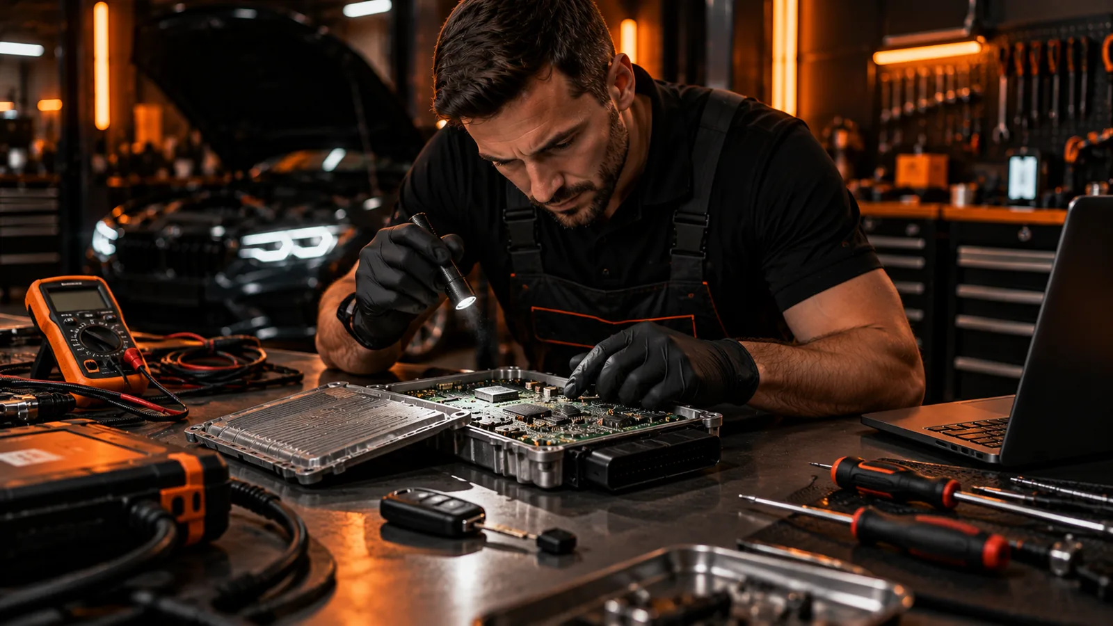 Technicien automobile diagnostiquant un calculateur moteur, une clé et un transpondeur avant d'envisager un Immo Off