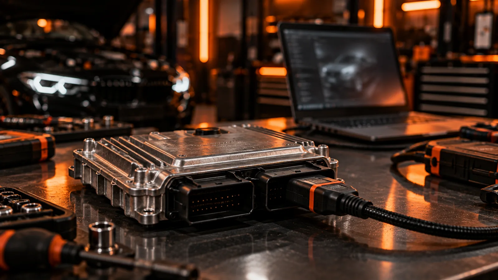 Calculateur moteur ECU connecté à un outil de diagnostic pour un service Immo Off par fichier à distance