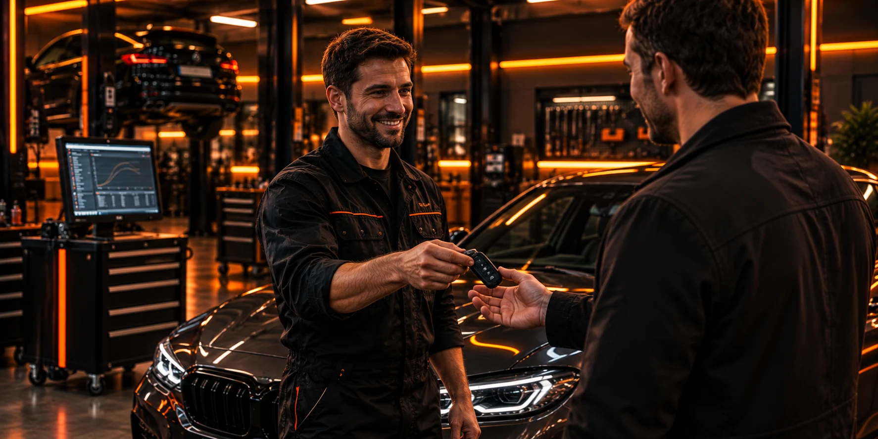 Professionnel de l’automobile remettant les clés d’un véhicule à son client dans son atelier avec poste de diagnostic en arrière-plan