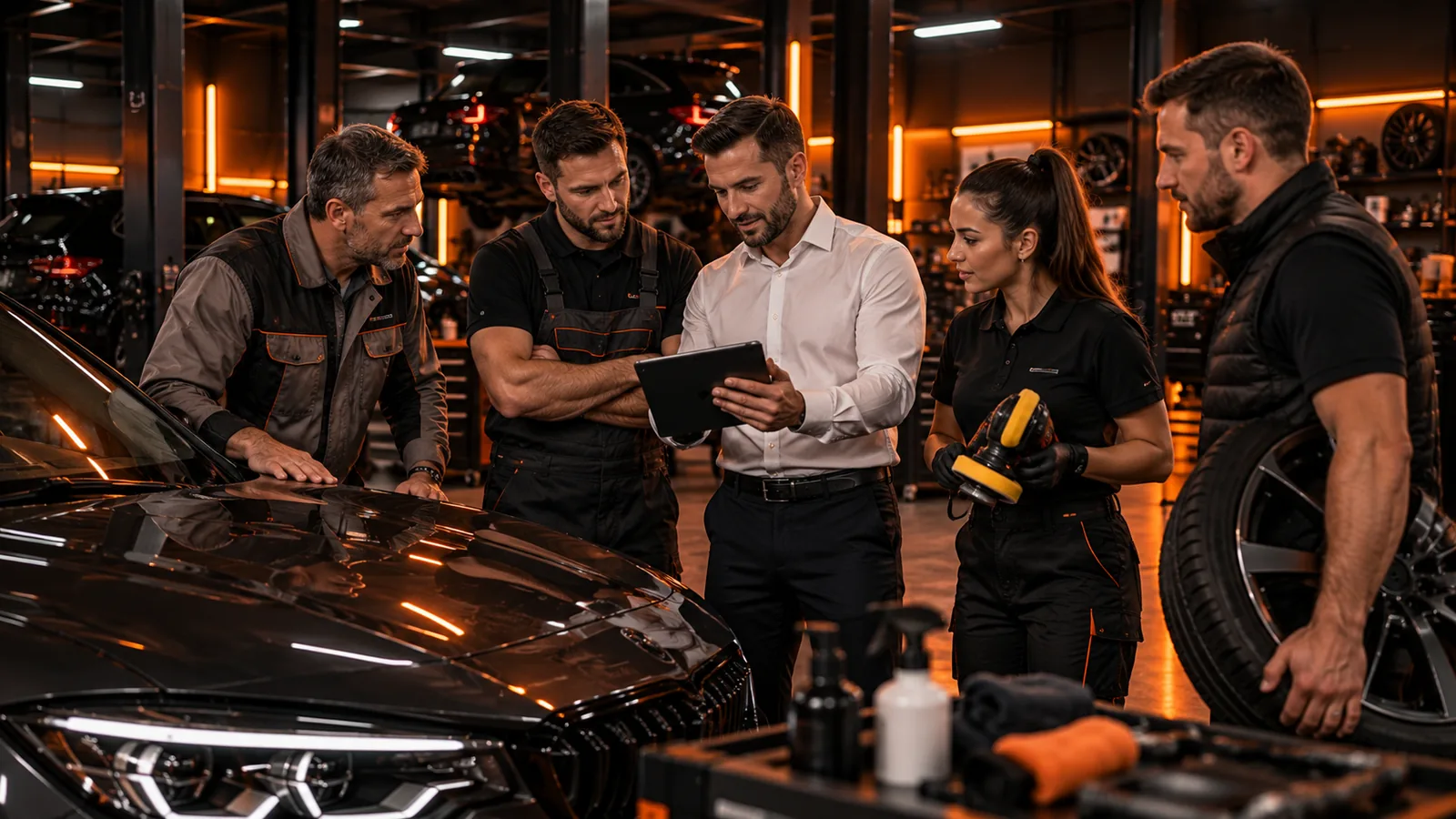 Professionnels de l'automobile réunis autour d'une voiture pour développer une activité de reprogrammation moteur