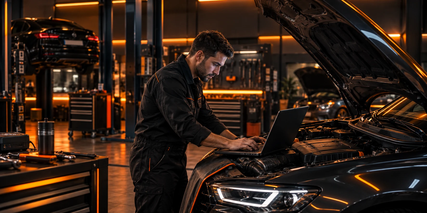 Professionnel de l’automobile utilisant un ordinateur de diagnostic devant un véhicule dans son atelier